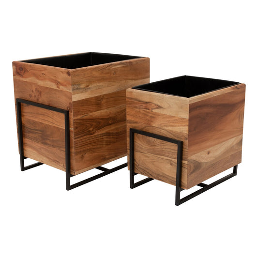 S/2 WOOD/METAL 15/18" SQUARE PLANTERS, BROWN