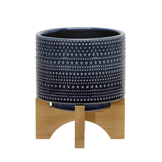 5" Dotted Planter W/ Wood Stand, Blue