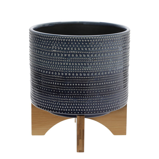 8" Dotted Planter W/ Wood Stand, Blue