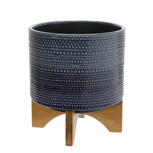 8" Dotted Planter W/ Wood Stand, Blue