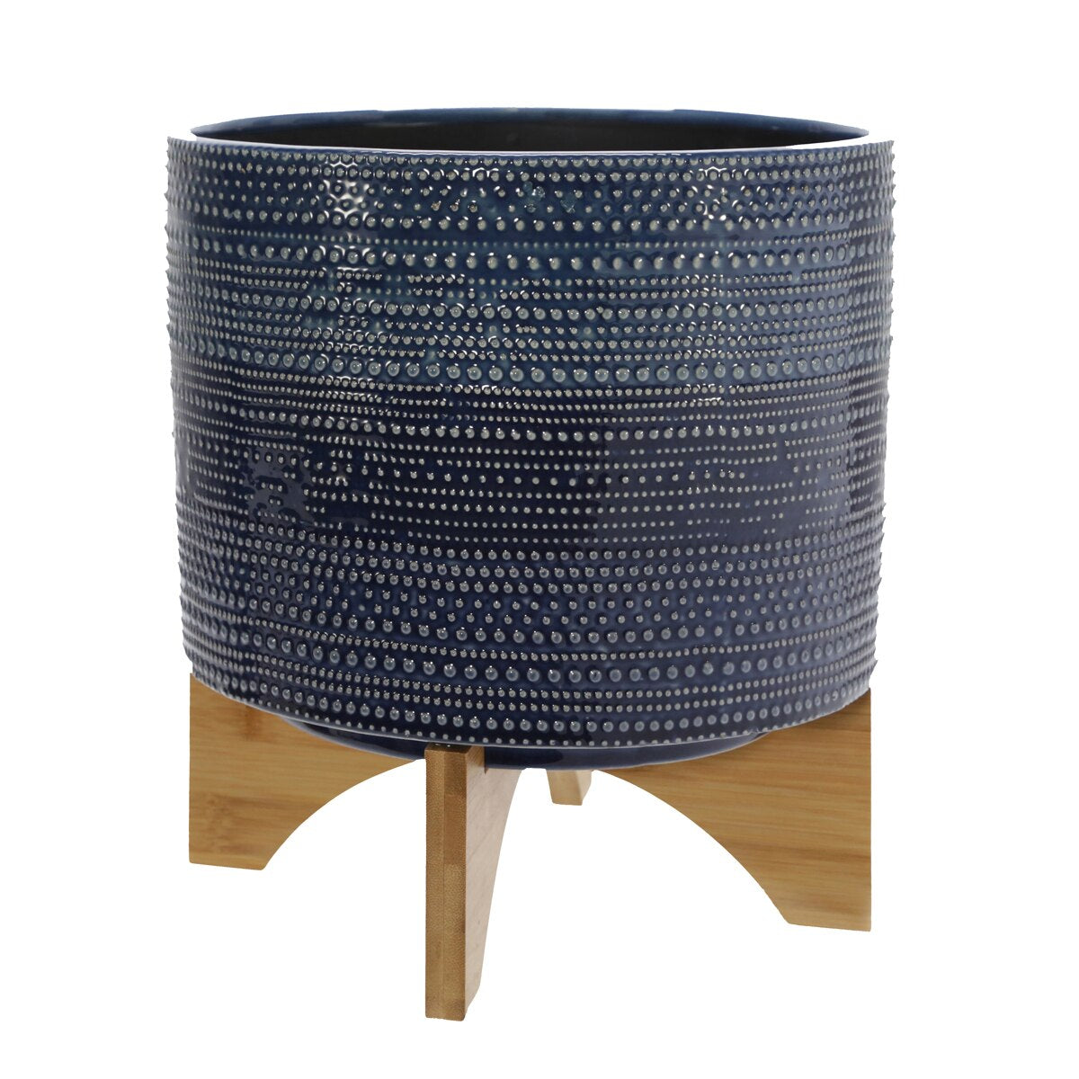 10" Dotted Planter W/ Wood Stand, Blue