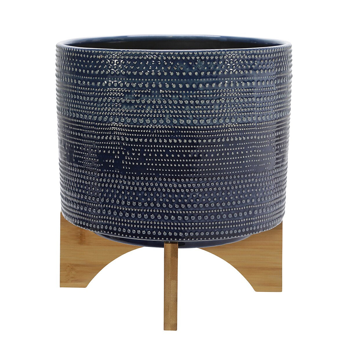 10" Dotted Planter W/ Wood Stand, Blue