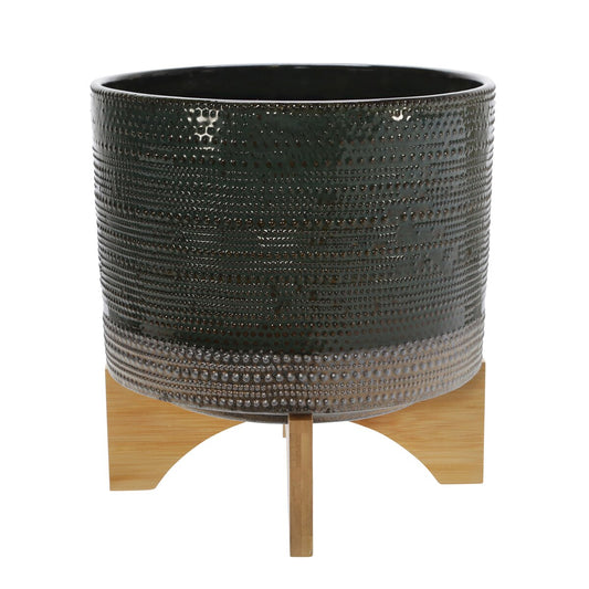 10" Dotted Planter W/ Wood Stand, Green