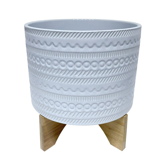 10" Tribal Planter W/ Wood Stand, White