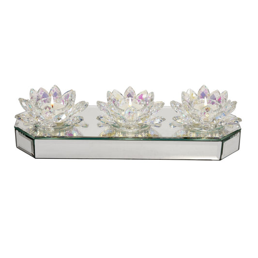 Glass 13" 3 Lotus Mirrored Candle Holder, Rainbow