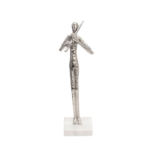 15" Flute Musician On Marble Base, Silver