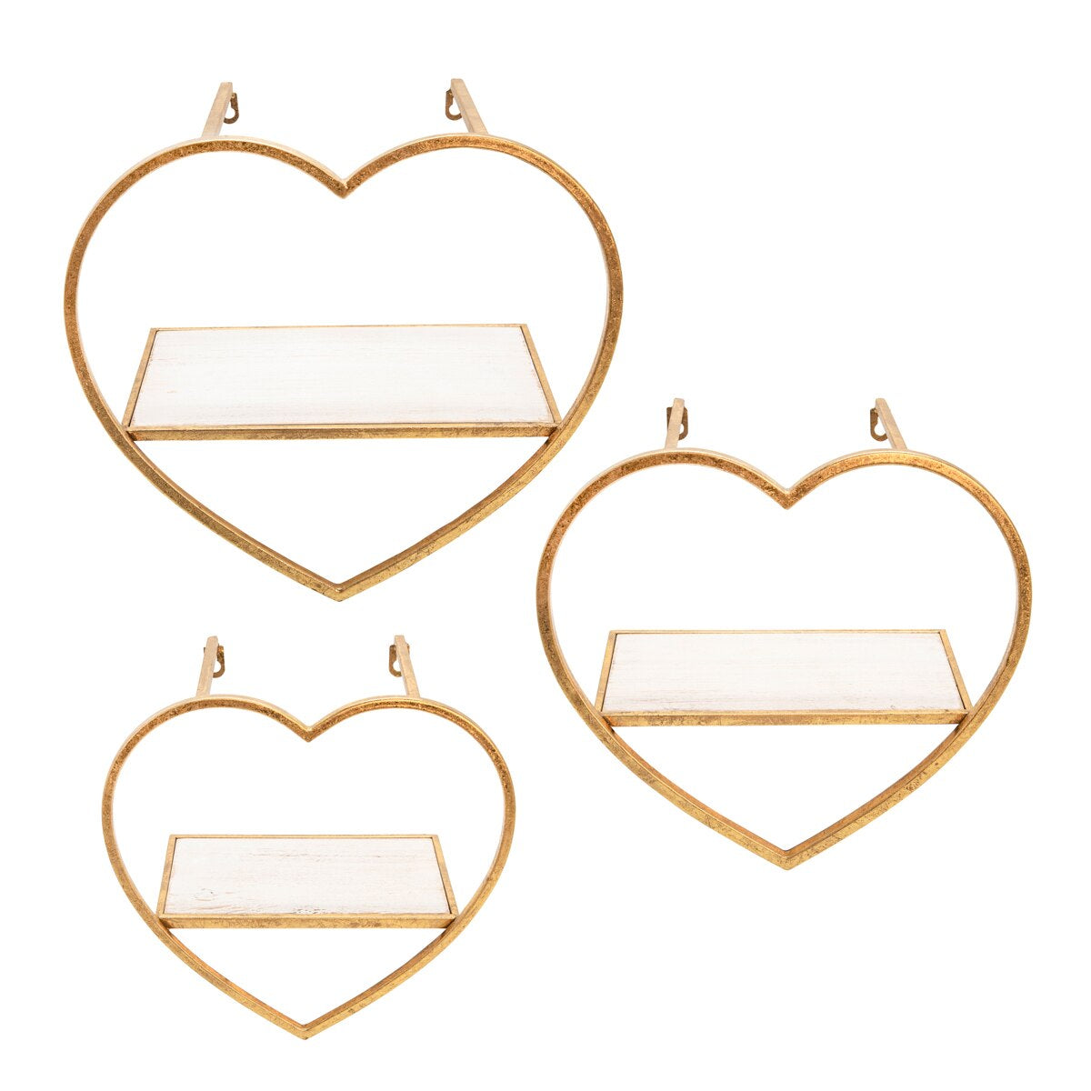 S/3 Metal/wood Heart Wall Shelves, Gold