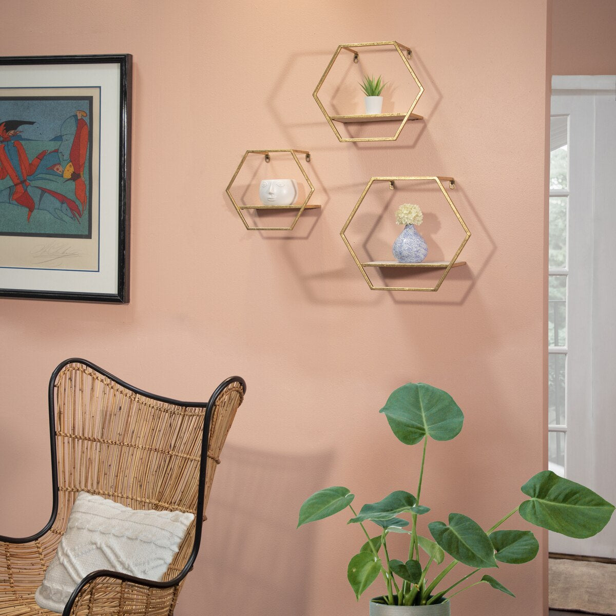 S/3 Metal/wood Hexagon Wall Shelves, Gold