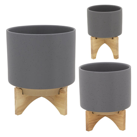 5" Planter W/ Wood Stand, Matte Gray