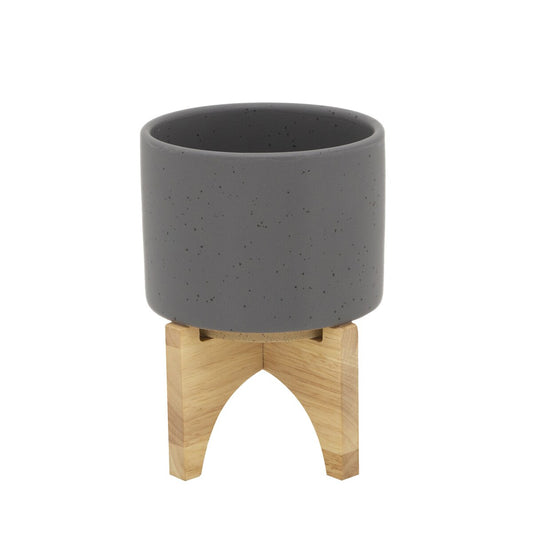 5" Planter W/ Wood Stand, Matte Gray