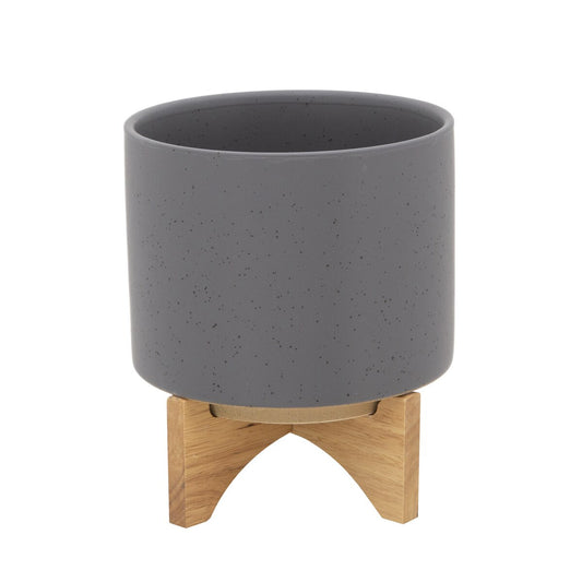 8" Planter W/ Wood Stand, Matte Gray