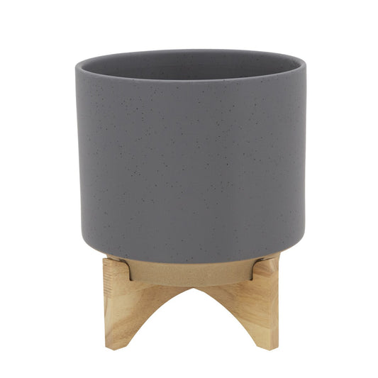 10" Planter W/ Wood Stand, Matte Gray