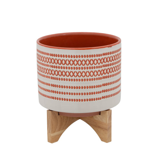 8" Aztec Planter W/ Wood Stand, Orange