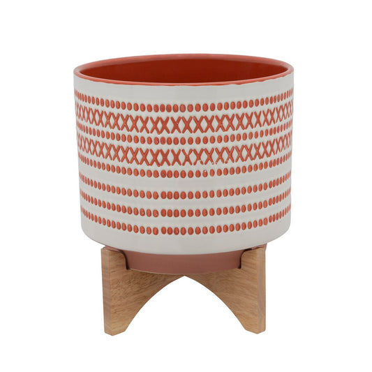 10" Aztec Planter W/ Wood Stand, Orange