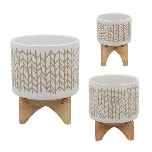 8" Chevron Planter W/ Wood Stand, Beige