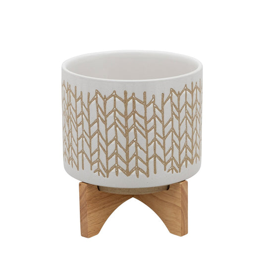 8" Chevron Planter W/ Wood Stand, Beige