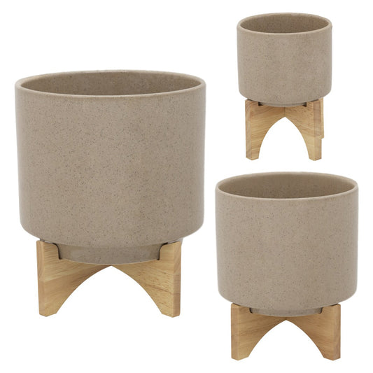 8" Planter W/ Wood Stand, Beige