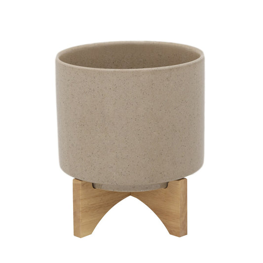 8" Planter W/ Wood Stand, Beige