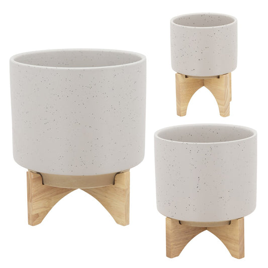 5" Planter W/ Wood Stand, Matte Beige