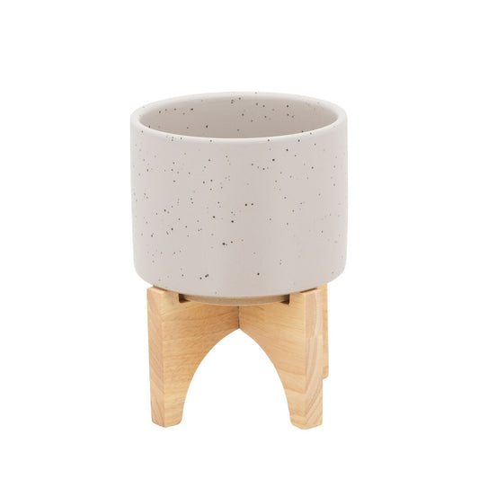 5" Planter W/ Wood Stand, Matte Beige