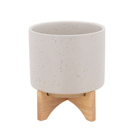 8"  Planter W/ Wood Stand, Matte Beige