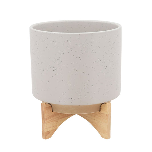 10" Planter W/ Wood Stand, Matte Beige