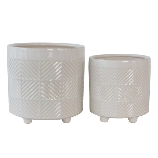 S/2 6/8" Textured Planters, Shiny White