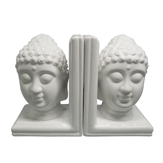 S/2 8" Buddha Heads Bookends, White