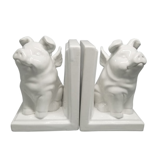S/2 7" Winged Pigs Bookends, White