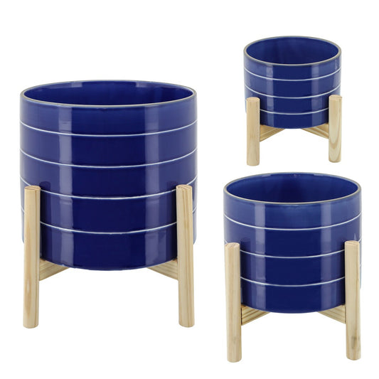 10" Striped Planter W/ Wood Stand, Navy