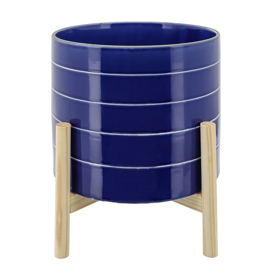 10" Striped Planter W/ Wood Stand, Navy