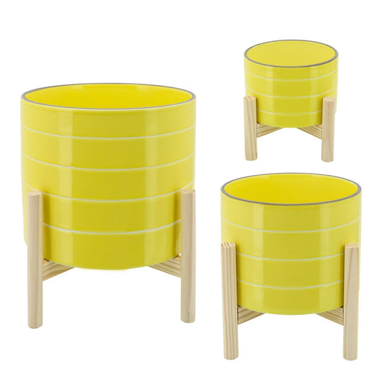 10" Striped Planter W/ Wood Stand, Yellow