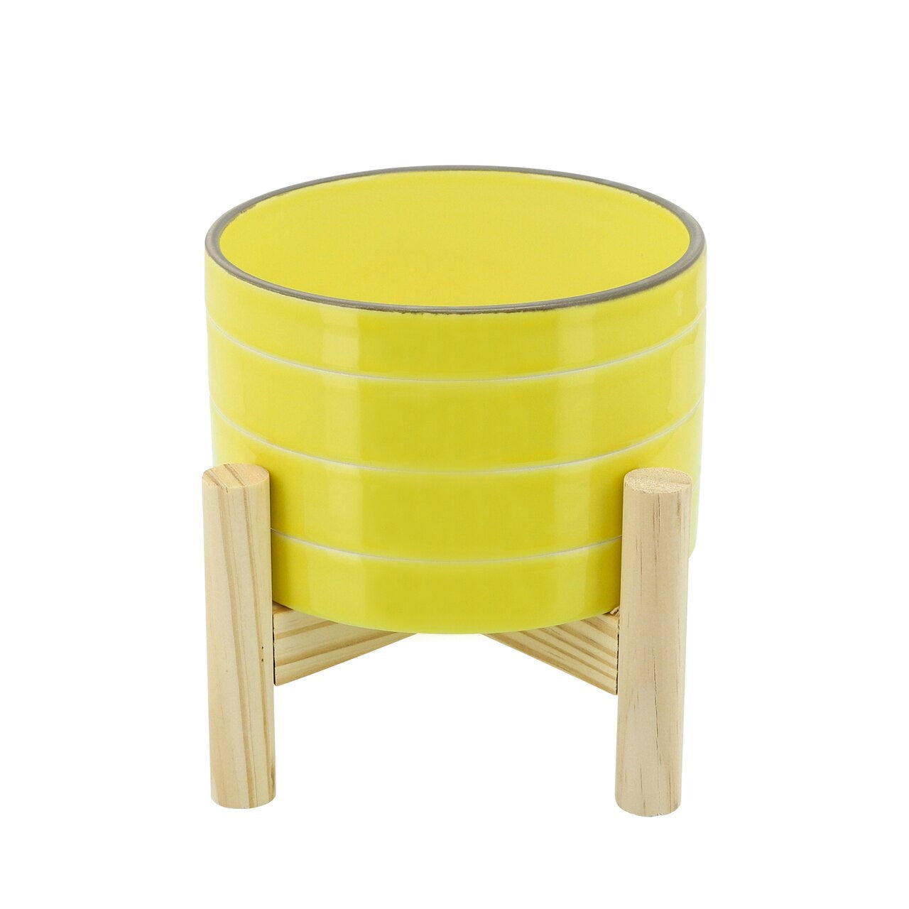 6" Striped Planter W/ Wood Stand, Yellow