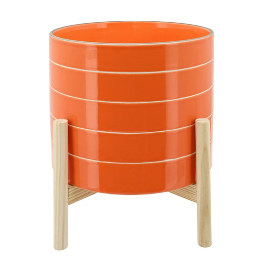 10" Striped Planter W/ Wood Stand, Orange