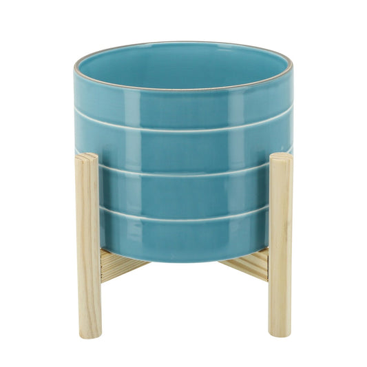 8" Striped Planter W/ Wood Stand, Skyblue