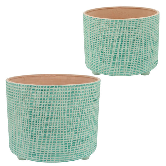 S/2 10/12" Checkered Footed Planter, Green