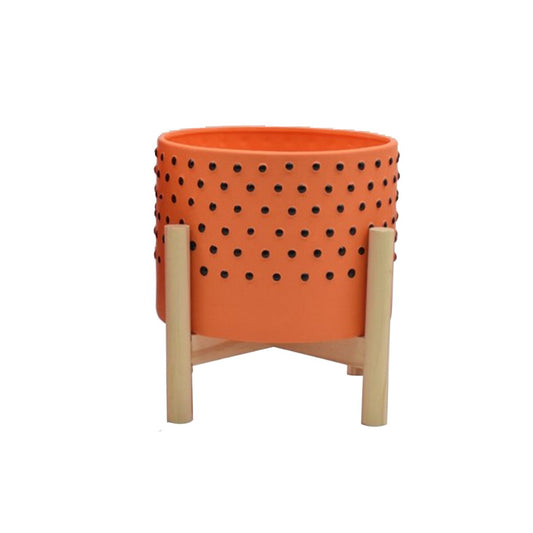 10" Dotted Planter W/ Wood Stand, Orange