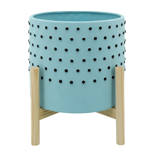 10" Dotted Planter W/ Wood Stand, Blue