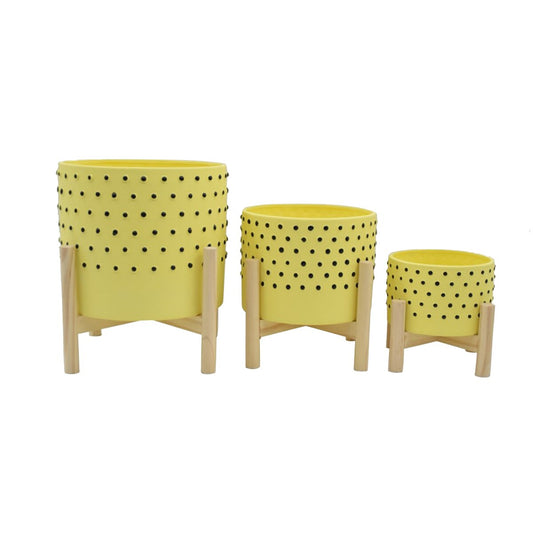 10" Dotted Planter W/ Wood Stand, Yellow