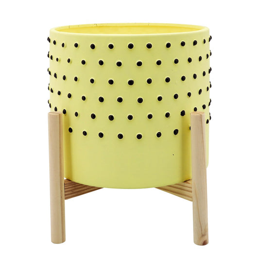 10" Dotted Planter W/ Wood Stand, Yellow