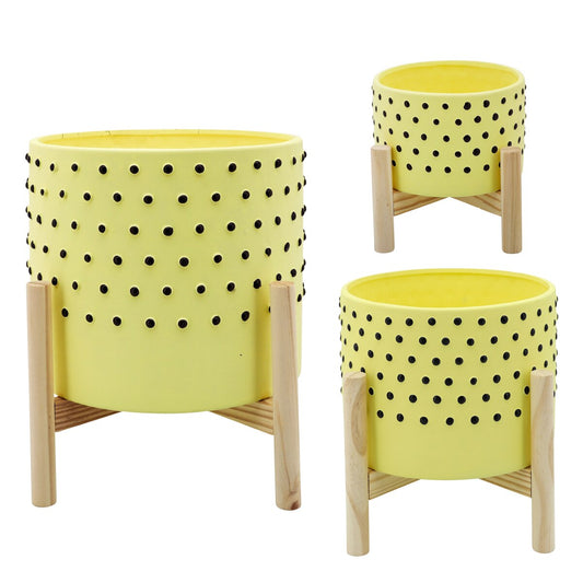 8" Dotted Planter W/ Wood Stand, Yellow