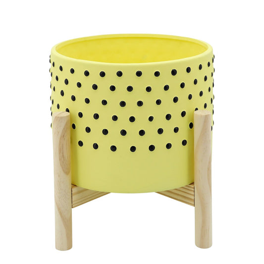 8" Dotted Planter W/ Wood Stand, Yellow