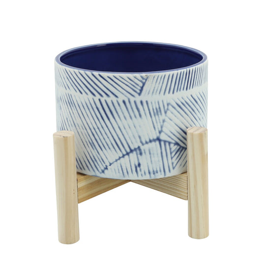 6" Planter W/ Wood Stand, Navy