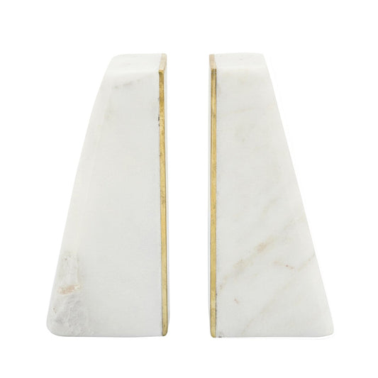 S/2 Marble 7"h Slanted Bookends W/gold Trim,white
