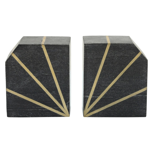 S/2marble 5"h Polished Bookends W/gold Inlays, Blk