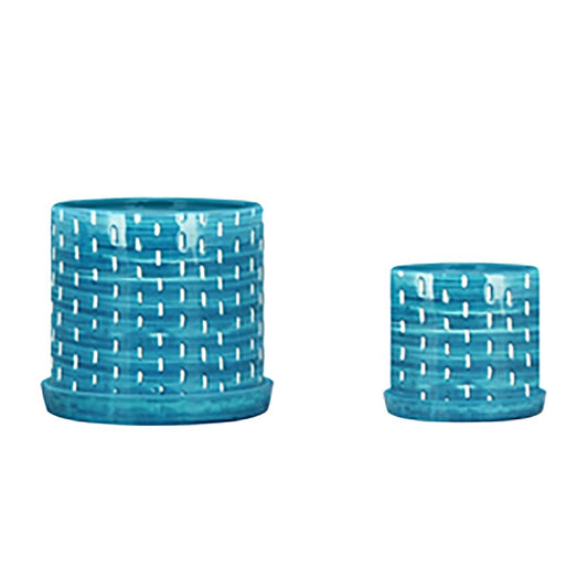 S/2 10/12" Mesh Lines Planter W/ Saucer, Aqua