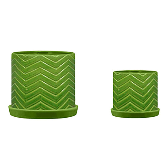 S/2 10/12" Chevron Planter W/ Saucer, Green