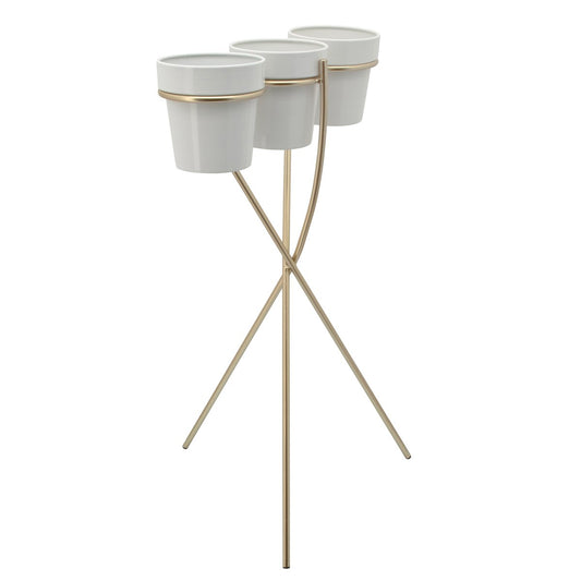 3-cup Metal Planter On Gold Stand, White