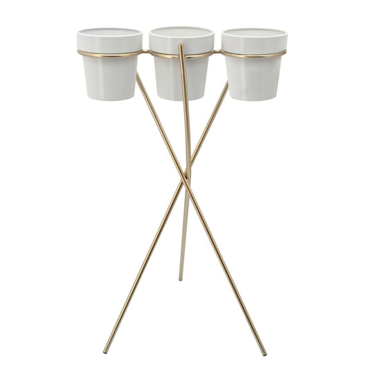 3-cup Metal Planter On Gold Stand, White