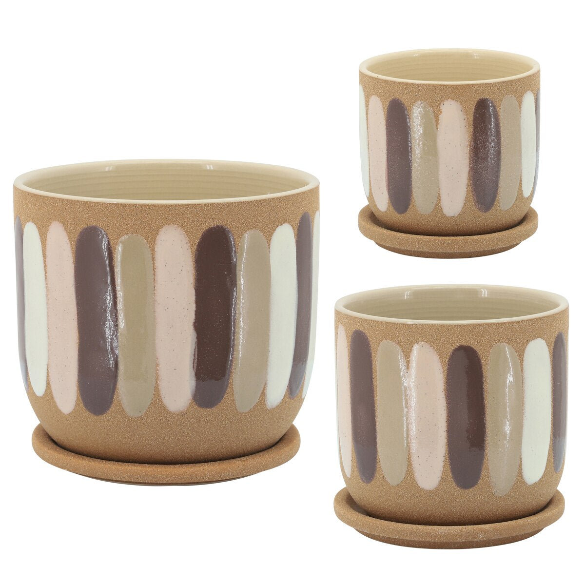 8" Stripes Planter W/ Saucer, Tan